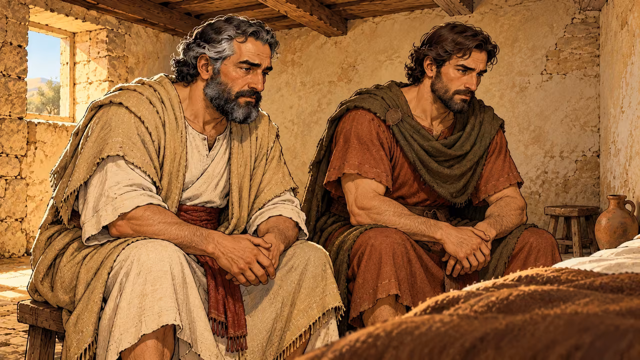Simon and Judas listen closely beside the bed’s brown cover.