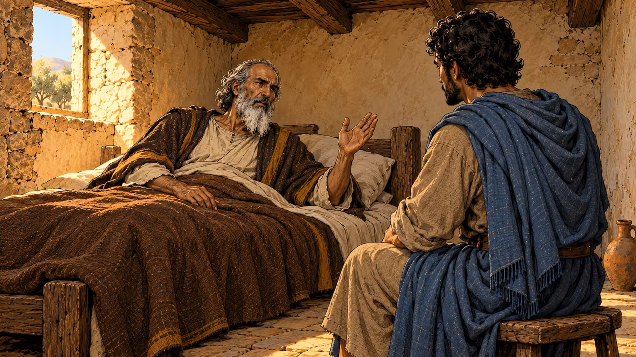 Mattathias speaks in profile while Jonathan listens beside the bed.