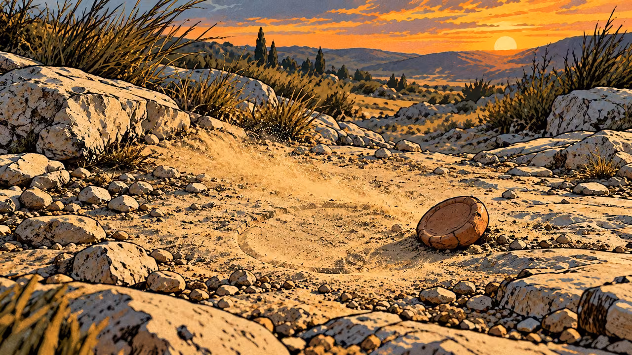 Windblown dust erases a plain impression beside a fallen clay seal.