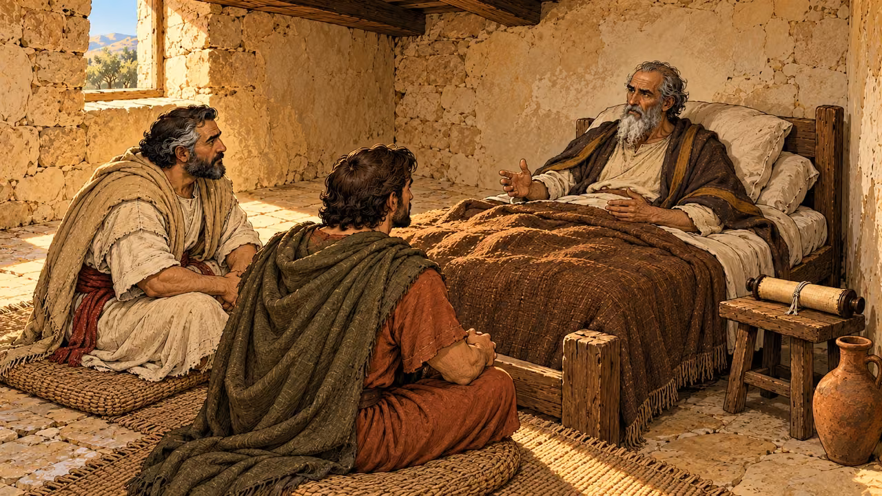 Simon and Judas lean toward their reclining father beside a closed scroll.