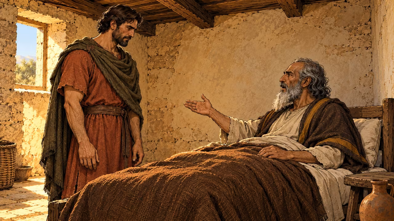 Judas stands with bowed head as Mattathias addresses him from bed.