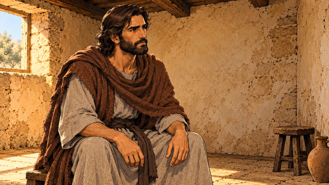 John sits alone listening, with plain plaster behind him.