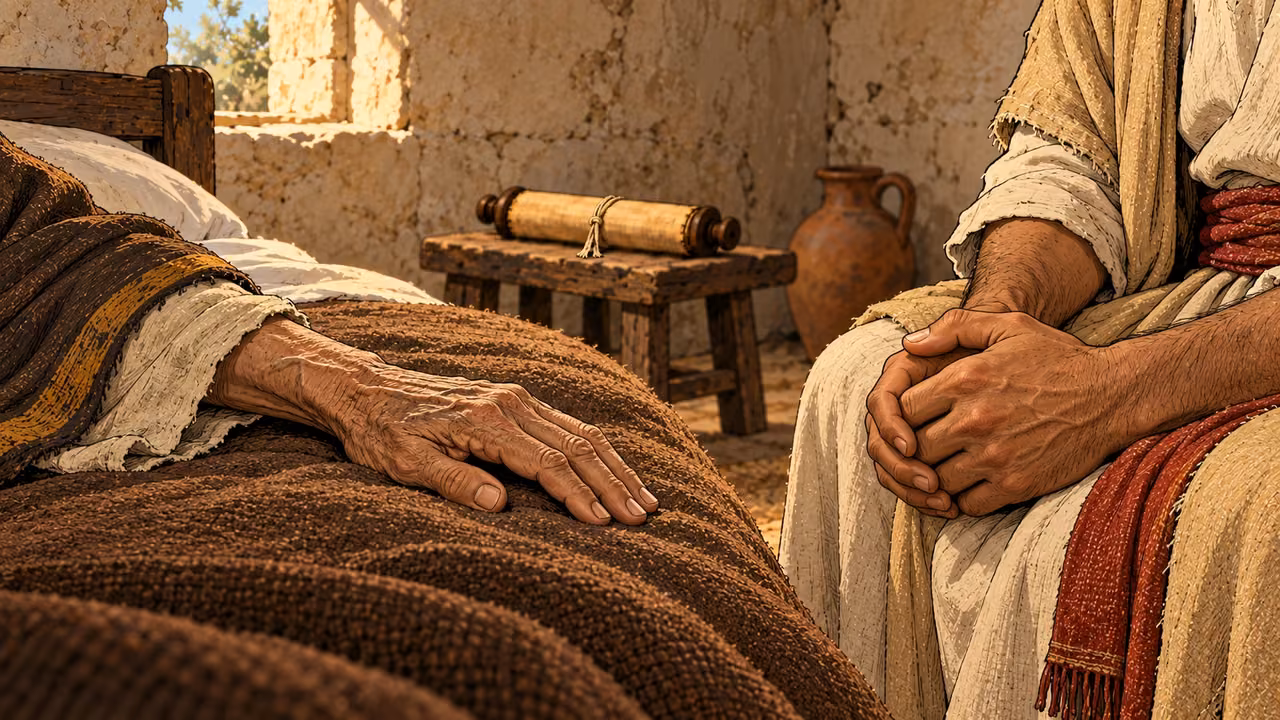 Mattathias’s resting hand and Simon’s clasped hands remain separate beside the bed.