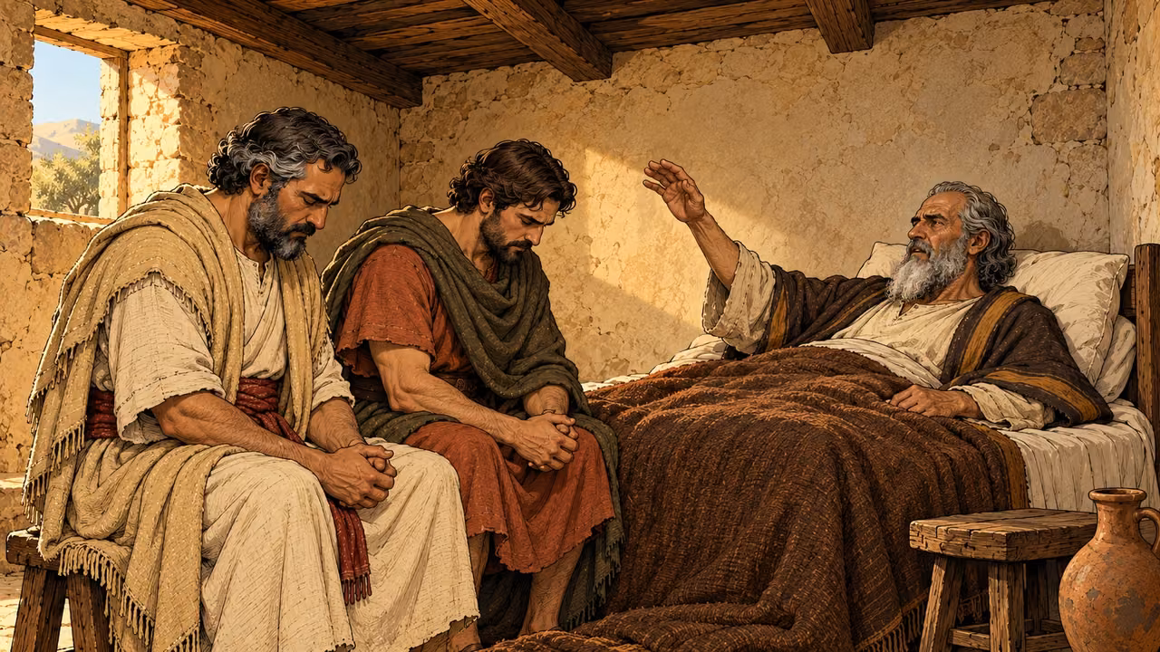 Mattathias lifts a frail blessing hand toward bowed Simon and Judas.