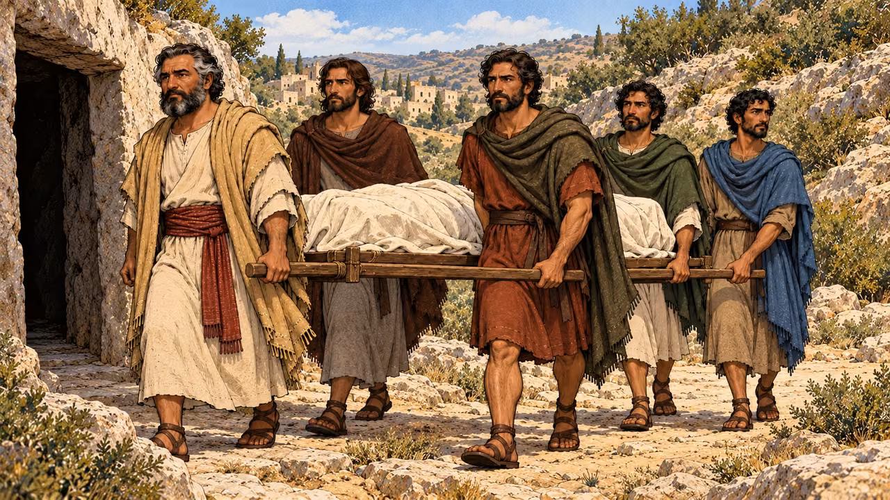 The five sons carry a fully covered bier toward a modest rock tomb.
