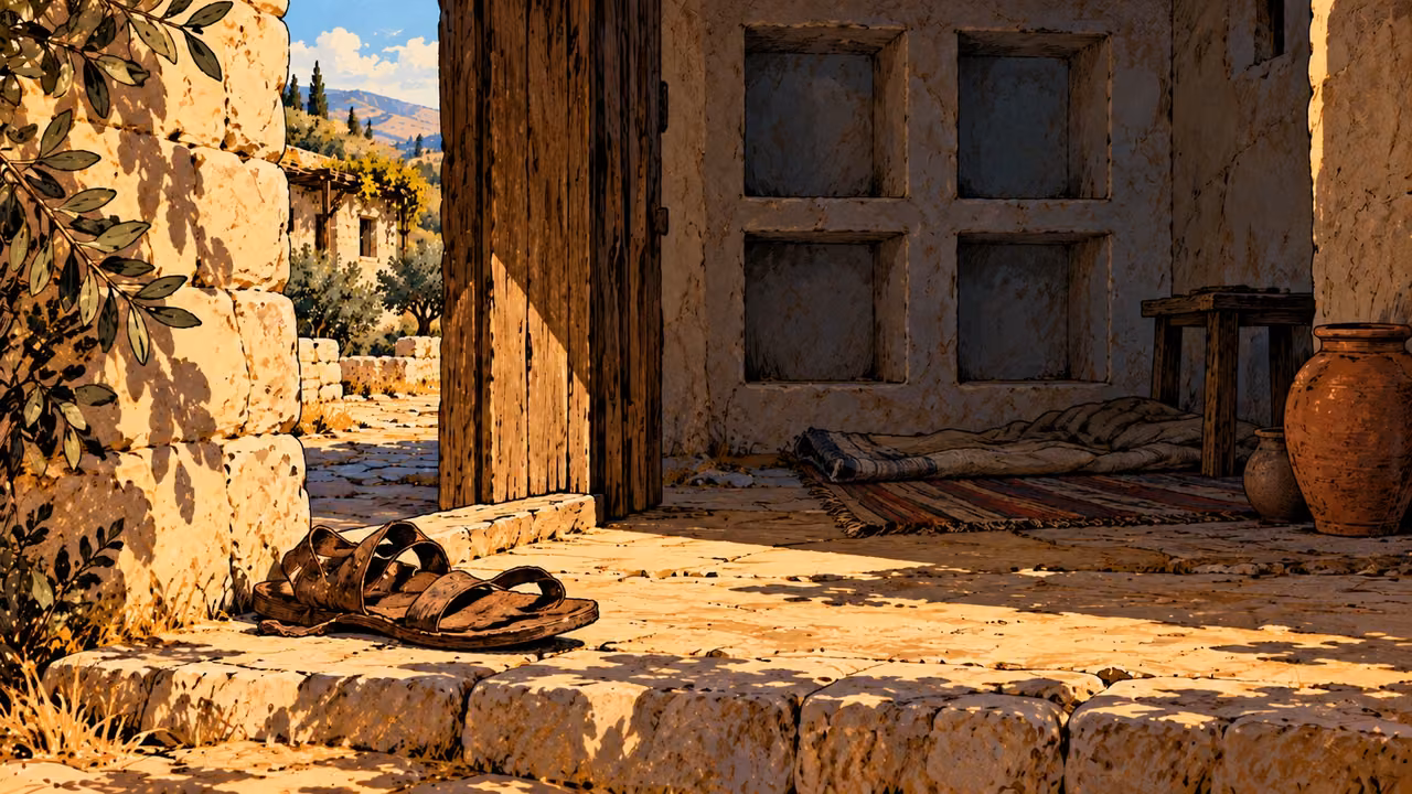 Empty domestic niches and abandoned sandals mark absence.