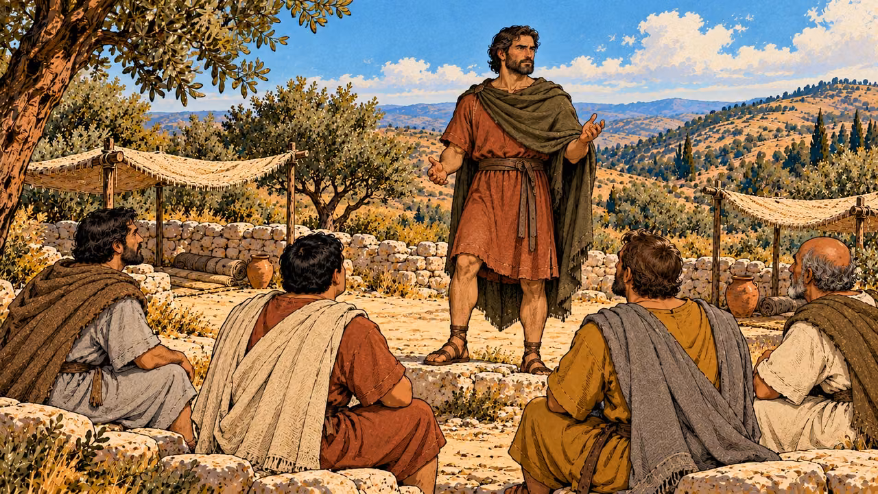Judas stands before the seated upland company.