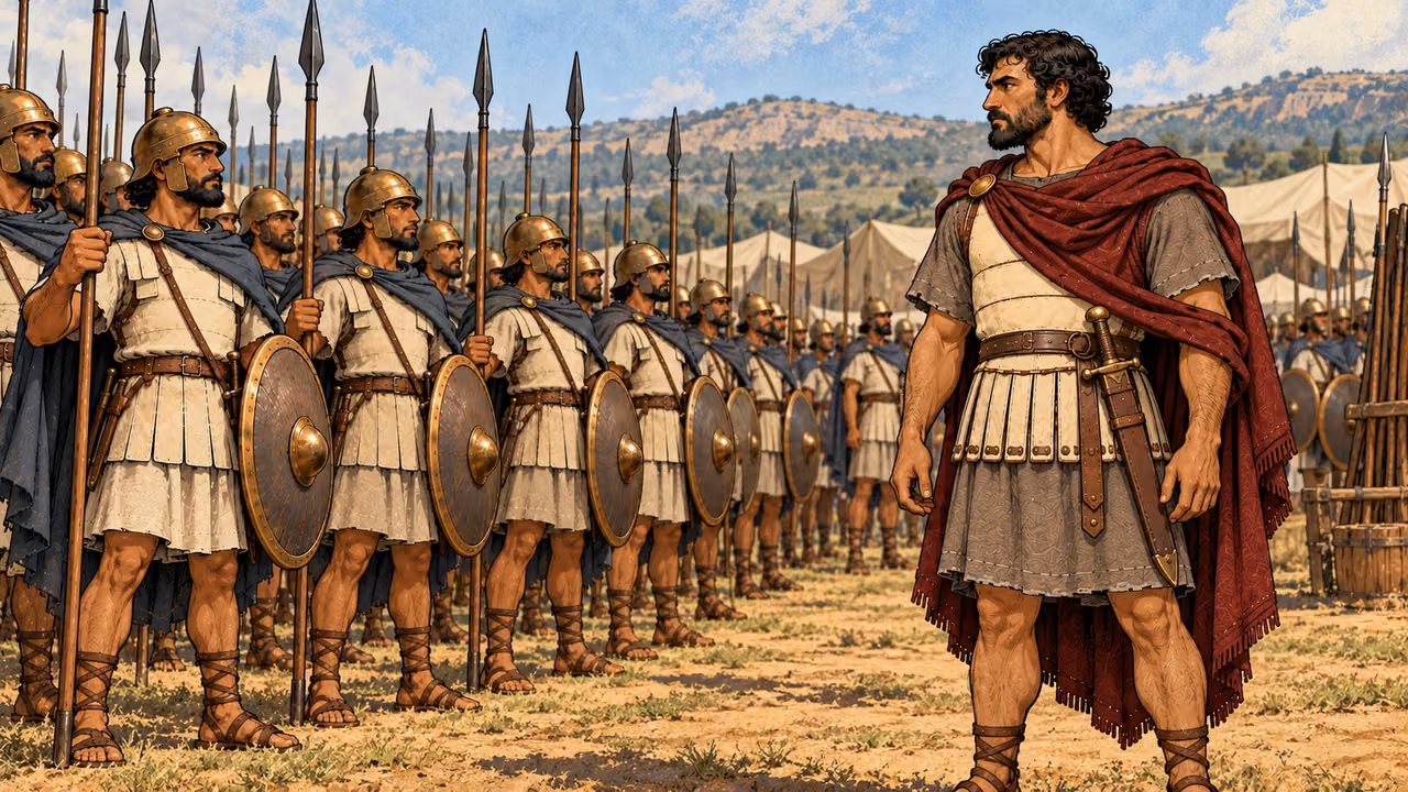 Apollonius stands beside ranks of royal field infantry.