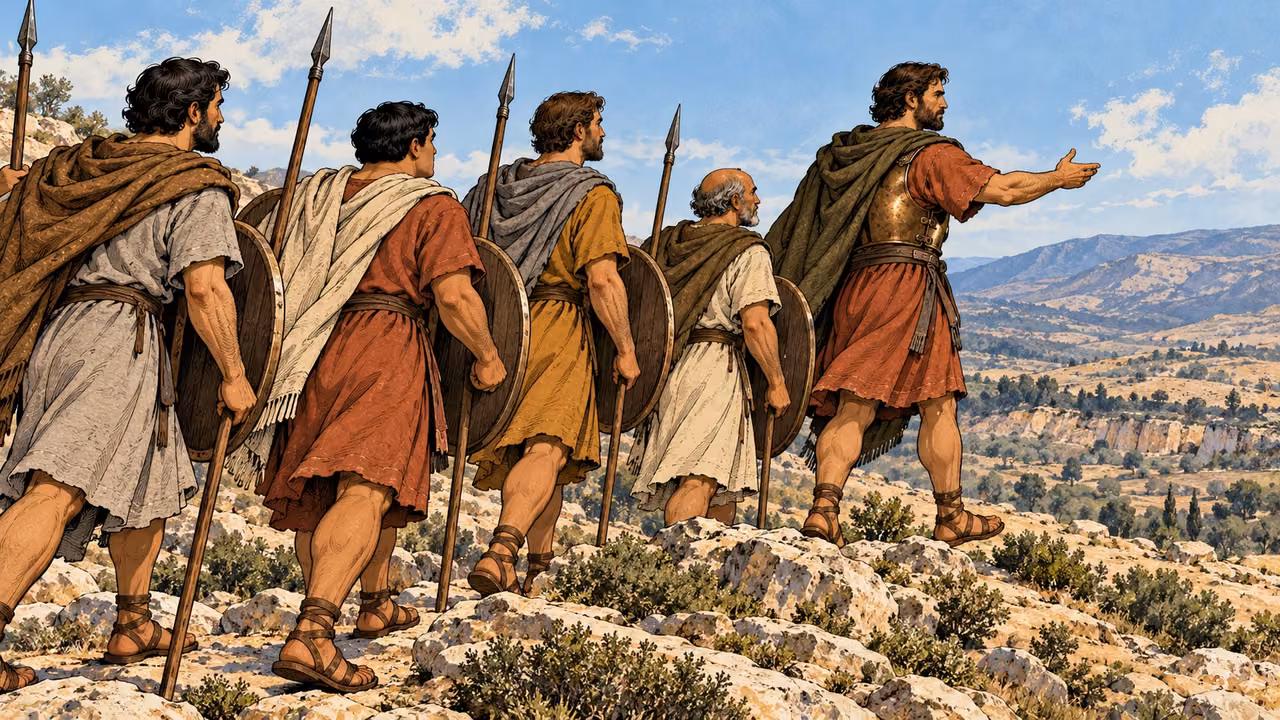 Judas and ordinary companions set out across a rocky shelf.