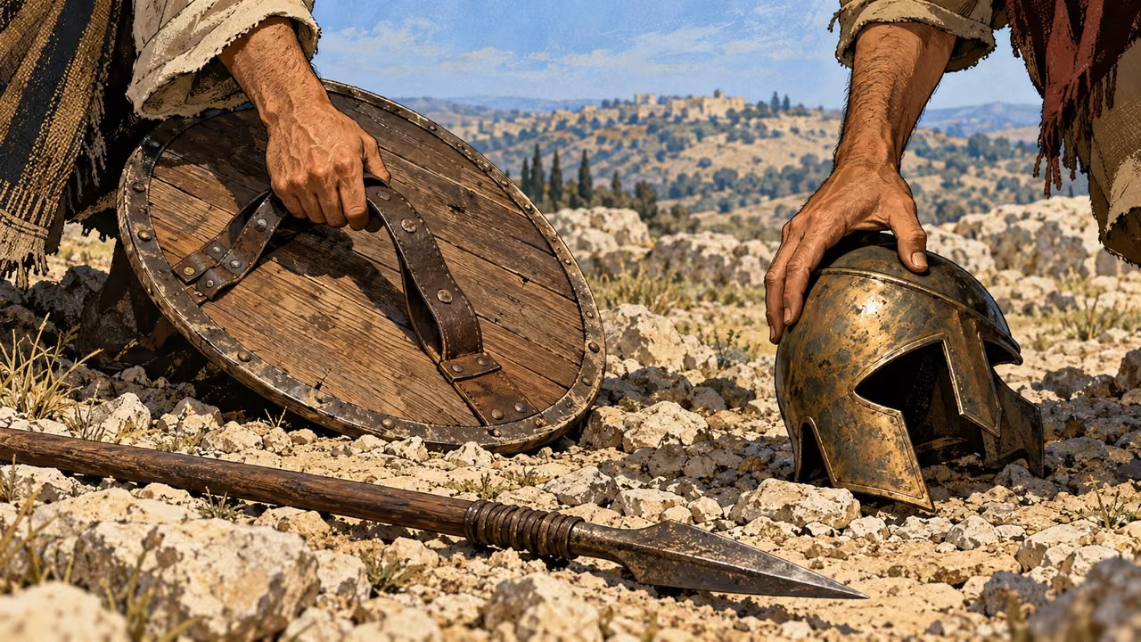 Ordinary hands gather an abandoned shield and helmet.