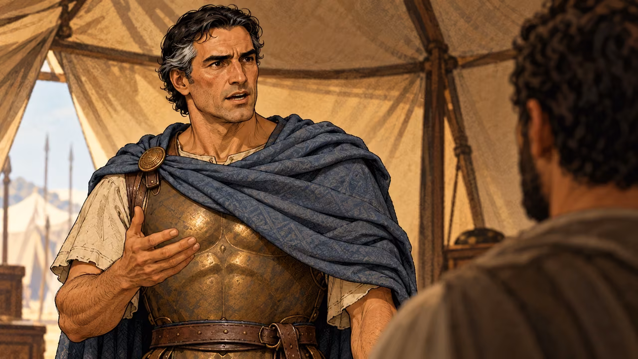 Seron speaks with an open hand in his field tent.