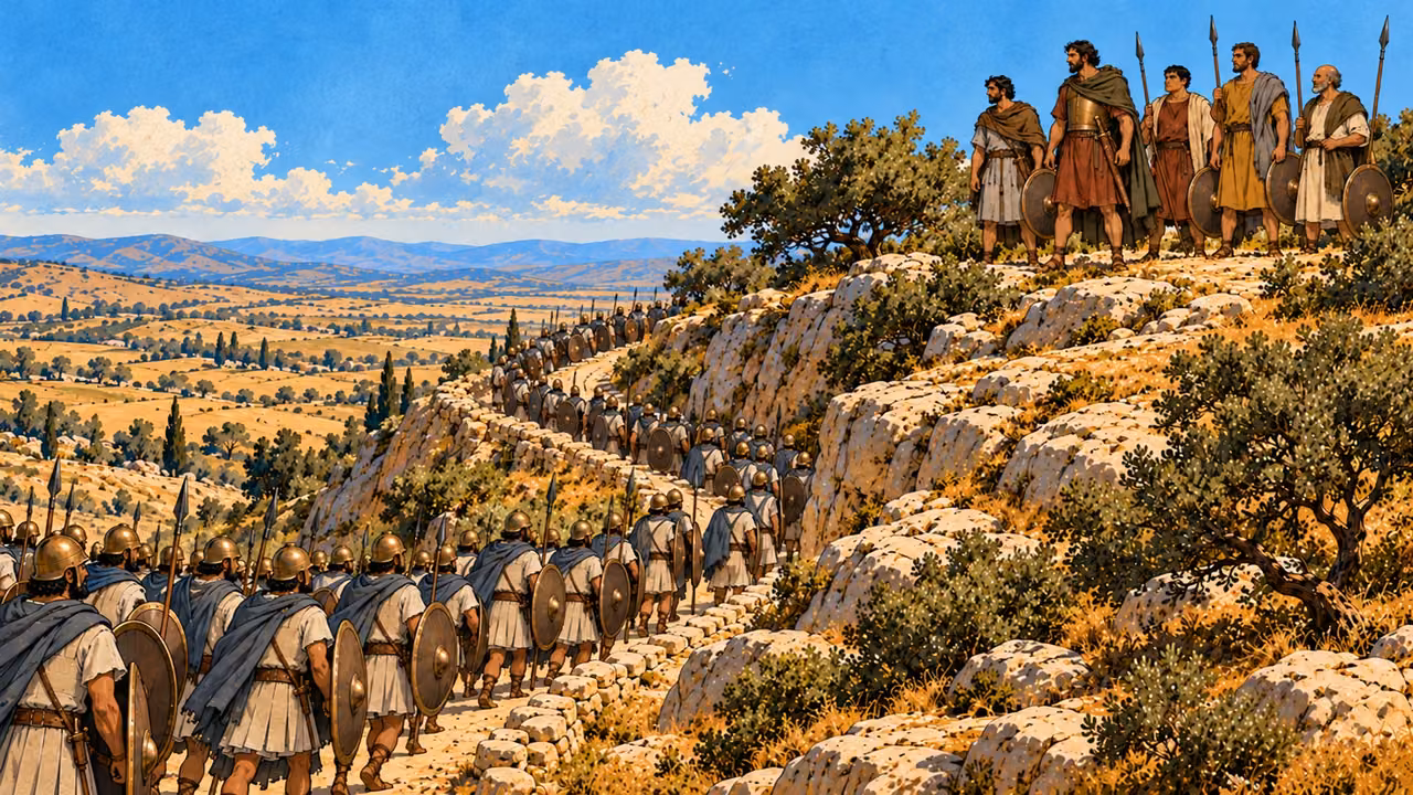 A royal column climbs from the plain toward Judas’s uphill company.