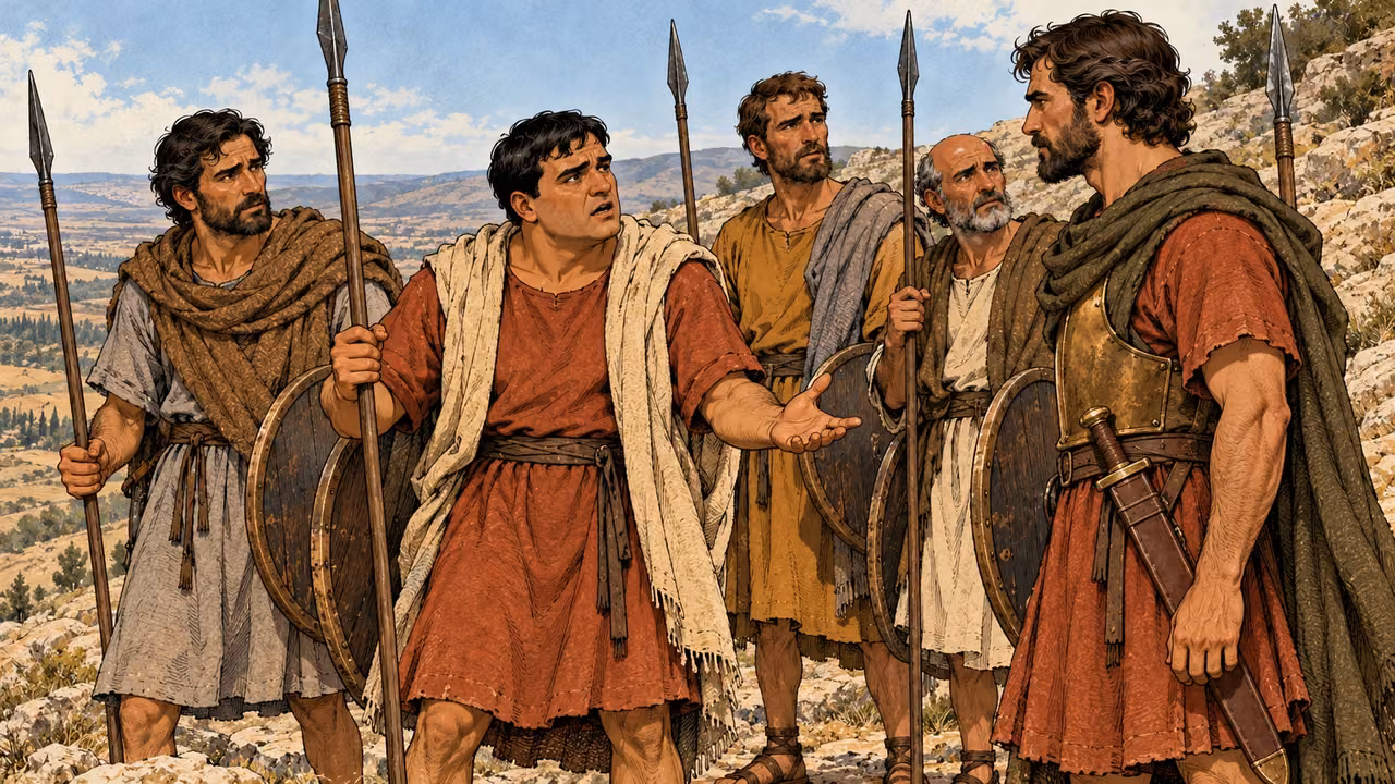 A tired volunteer speaks to Judas before the waiting companions.