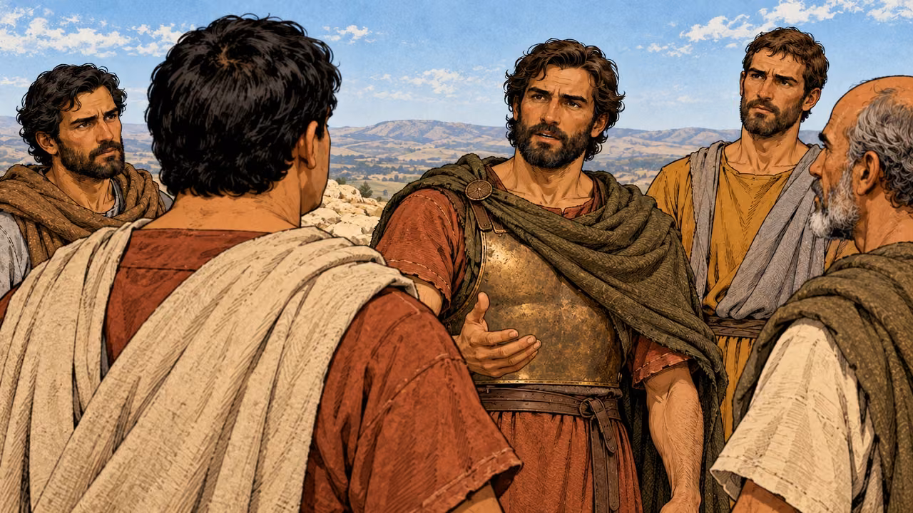 Judas speaks calmly toward his listening company.