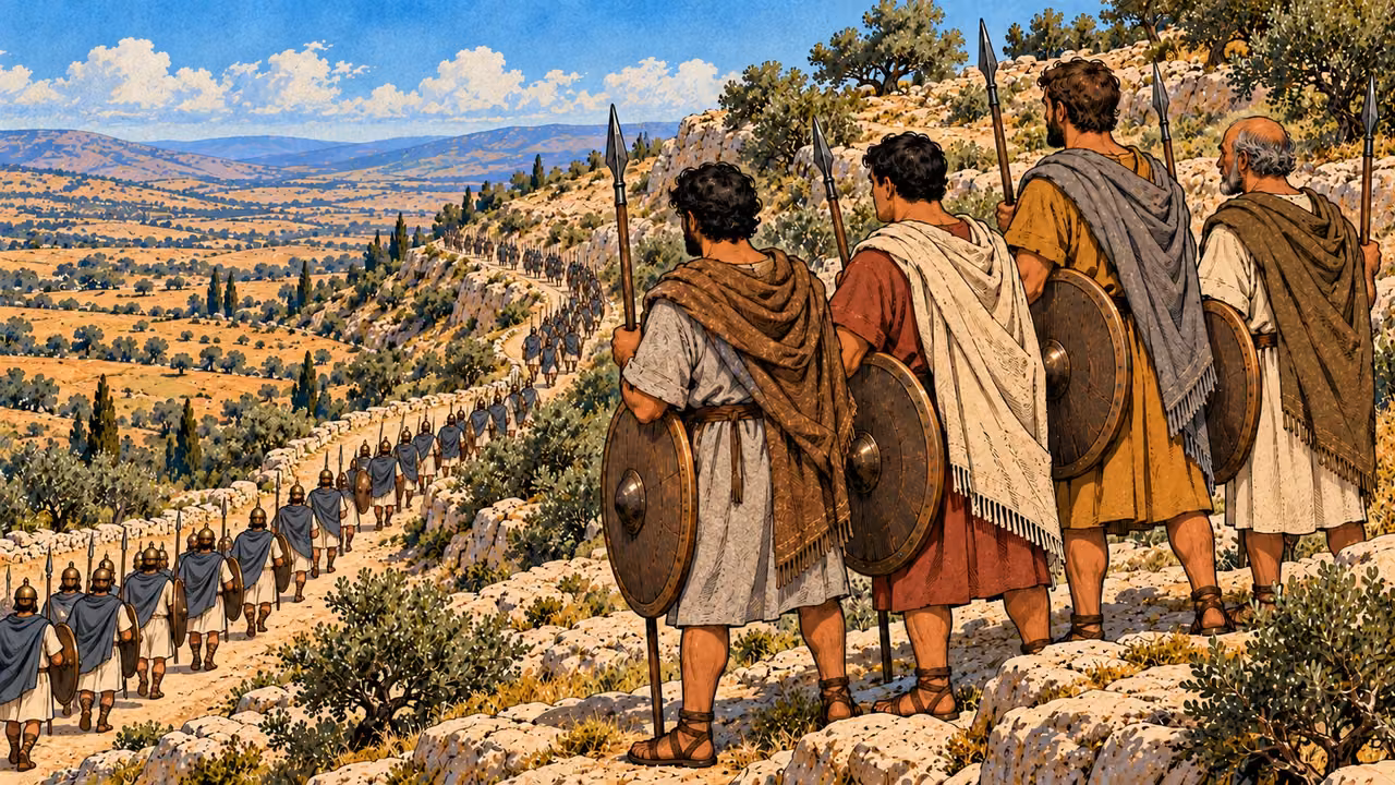 The companions watch royal troops ascending the distant pass.