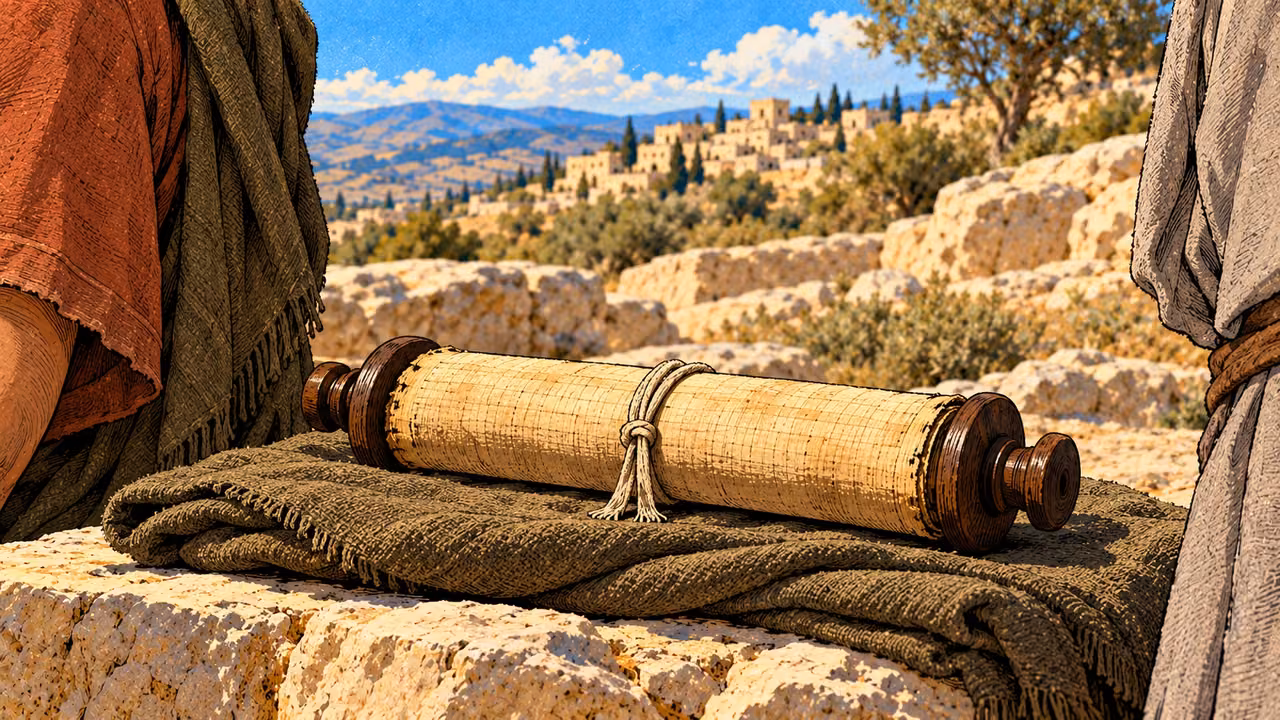 A closed law scroll rests among Judas and his listeners.