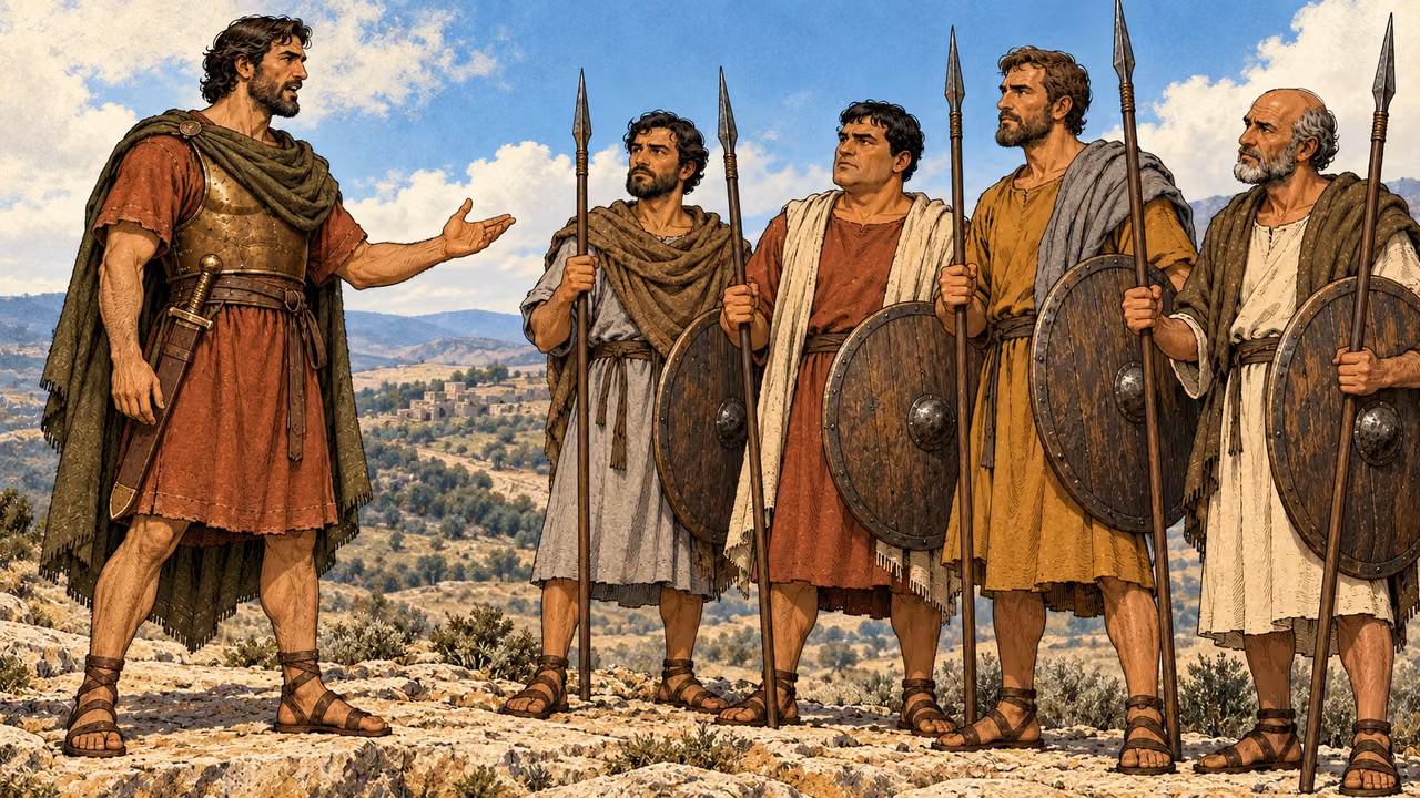 Judas reassures the small company with an open palm.