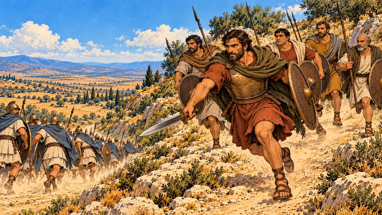 Judas and his company descend toward the royal line.