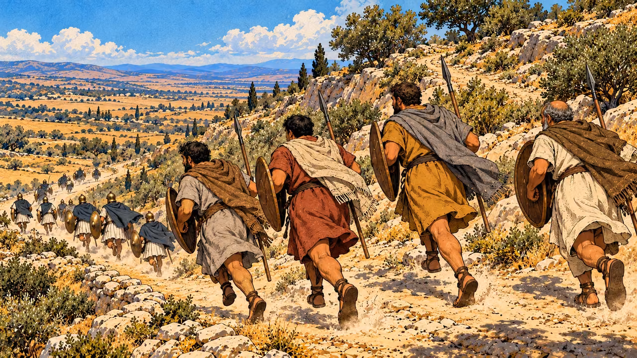 Judean volunteers follow fleeing royal soldiers downhill.