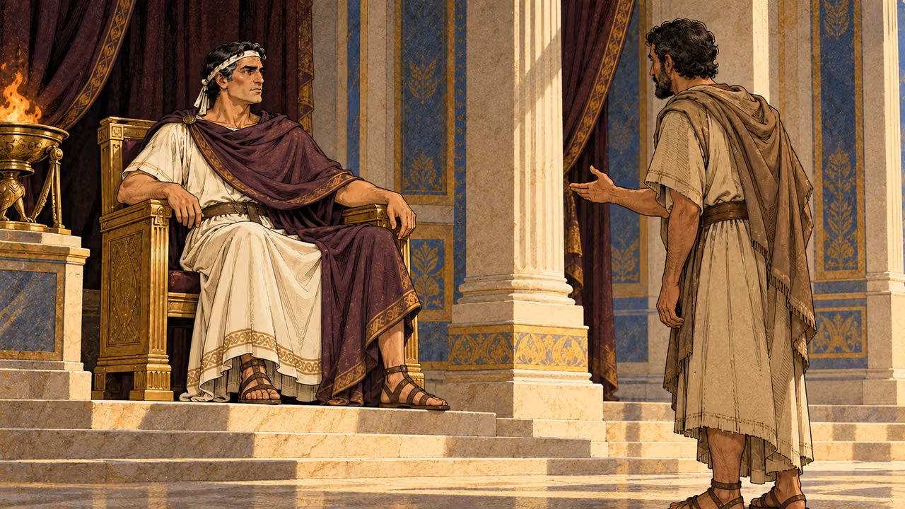 Antiochus listens to a messenger in the royal hall.