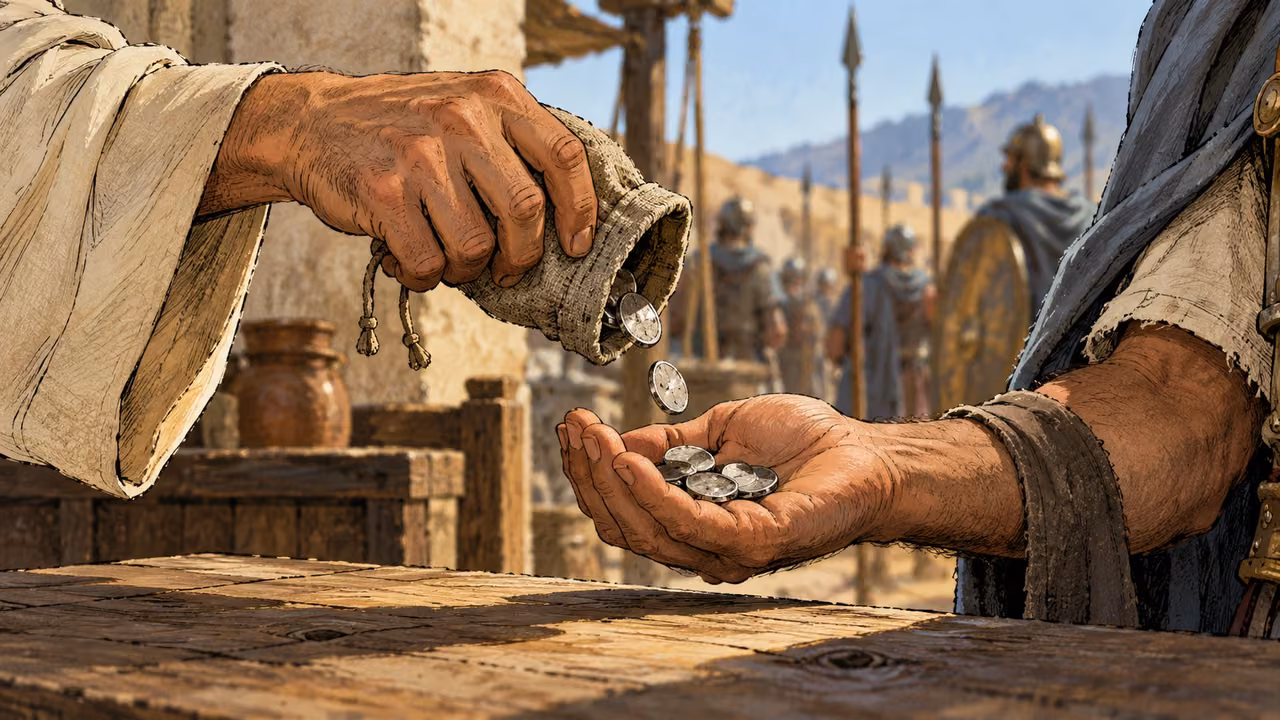 Treasury hands place coins in soldiers’ open hands.