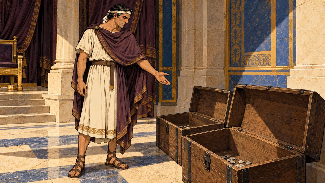 Antiochus looks into nearly empty treasury chests.
