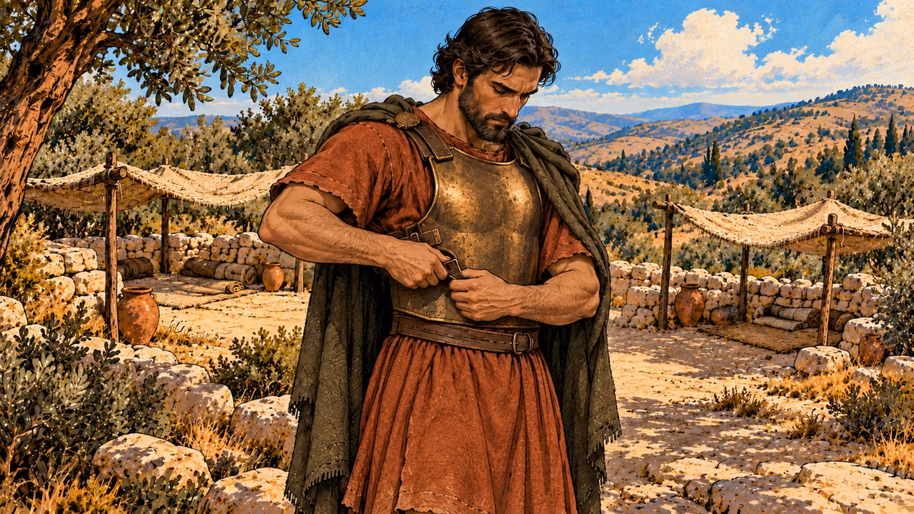 Judas fastens a plain bronze breastplate over his rust tunic.