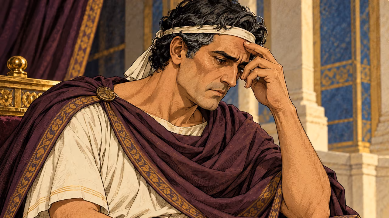 Antiochus sits worried beside a depleted chest.