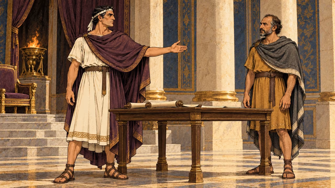 Antiochus addresses Lysias in the royal hall.