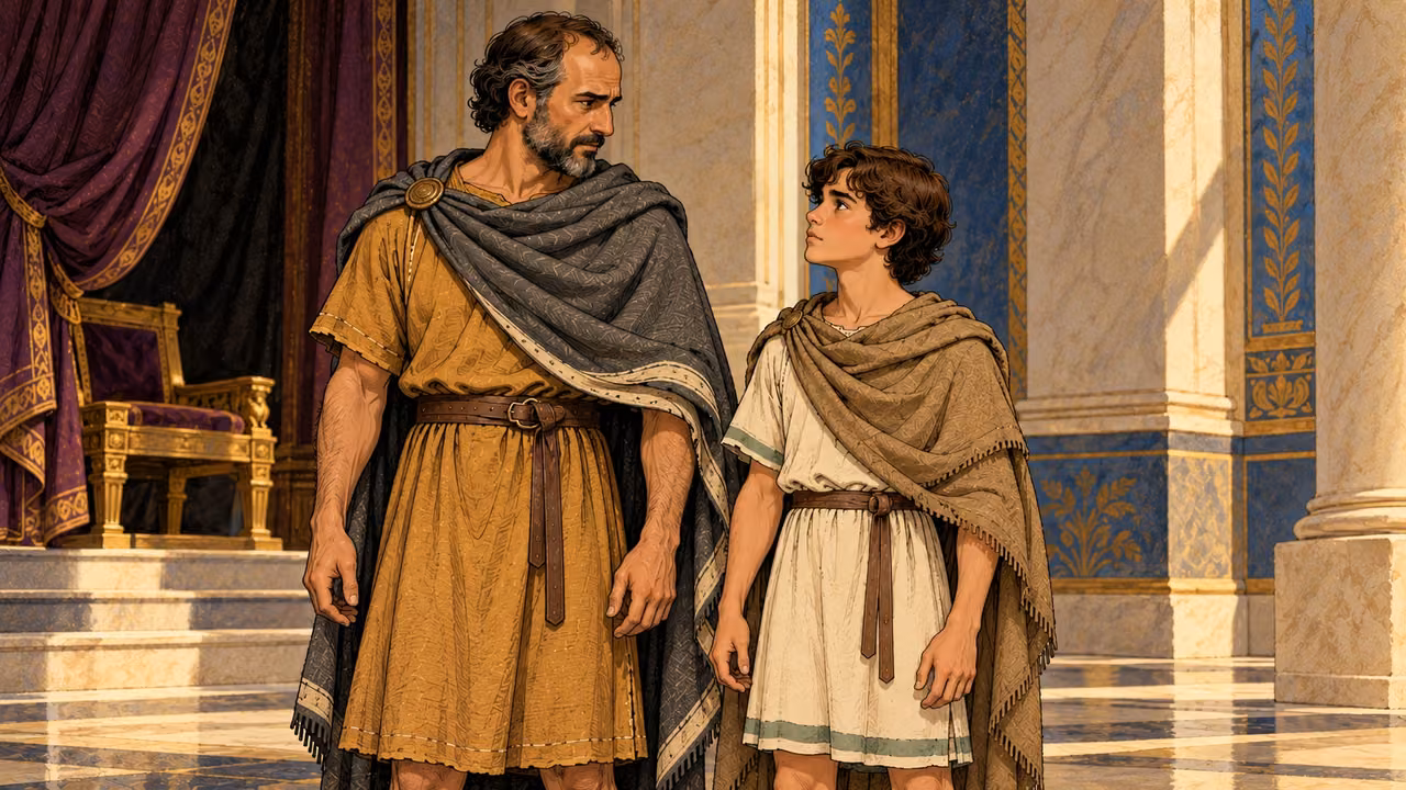 Lysias stands beside the younger Antiochus at court.