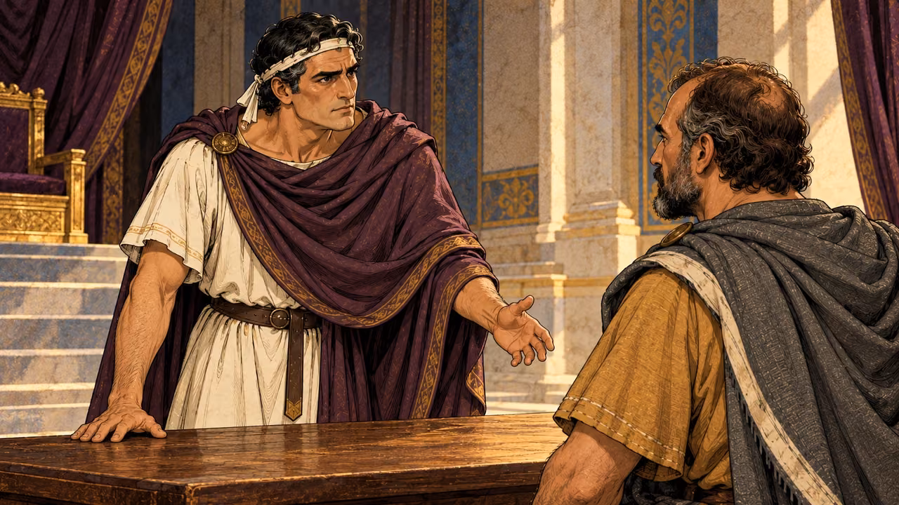 Antiochus speaks to Lysias beside a closed order roll.