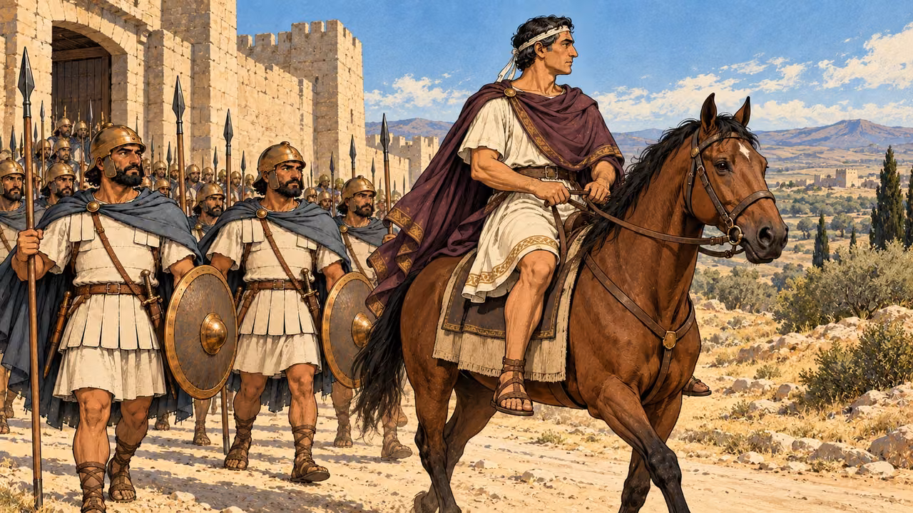 The king and a royal column leave a city gate.