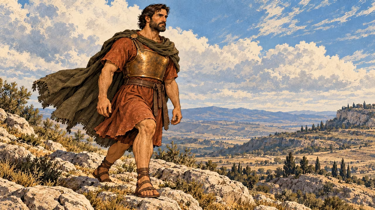 Judas strides forward across a rocky ridge in campaign armor.