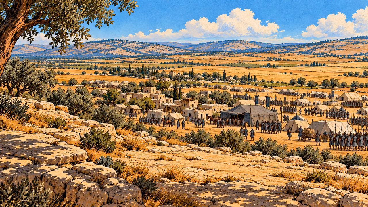 Undyed royal tents stand on level ground beside the settlement.