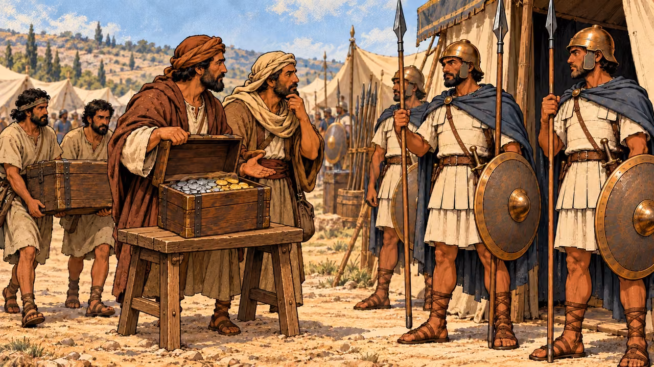Two merchants show a supported coin chest at the camp entrance.