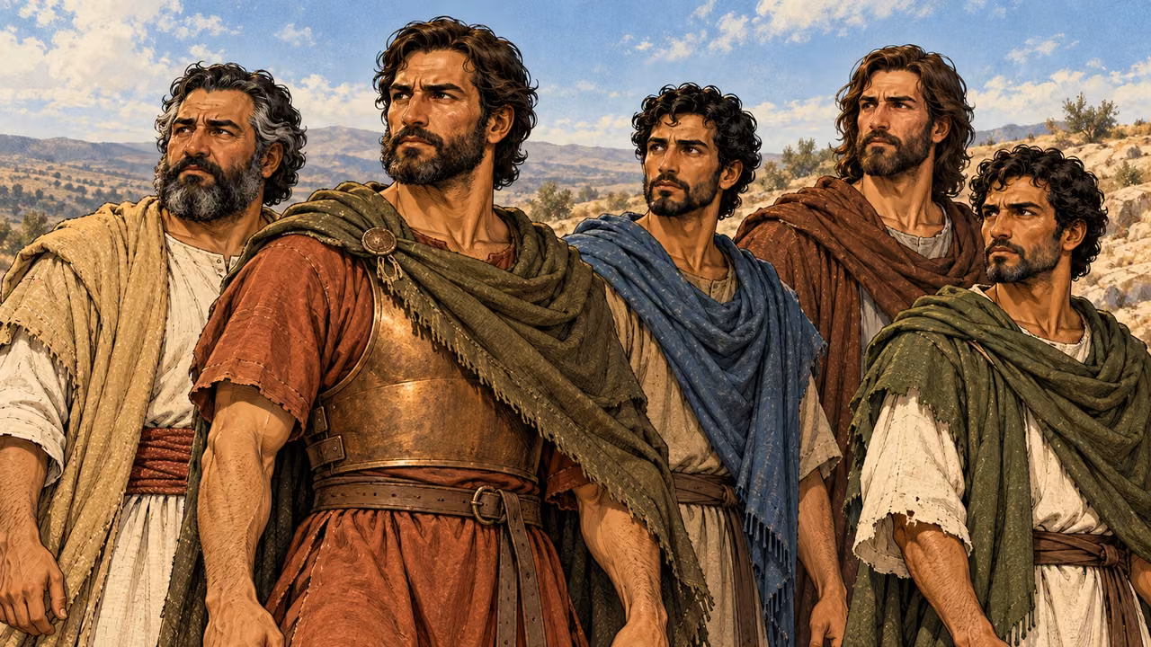 Five distinct brothers look gravely toward danger outside the frame.