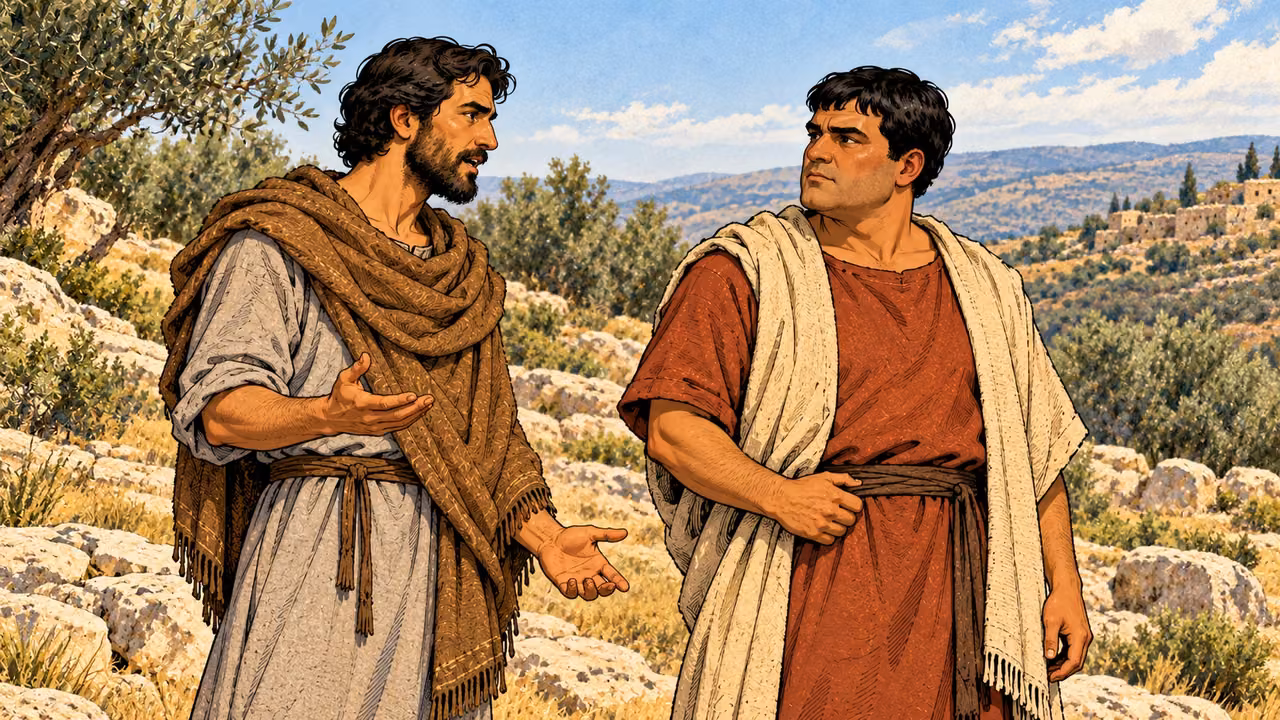 Two ordinary Judean neighbors exchange serious words on an upland.