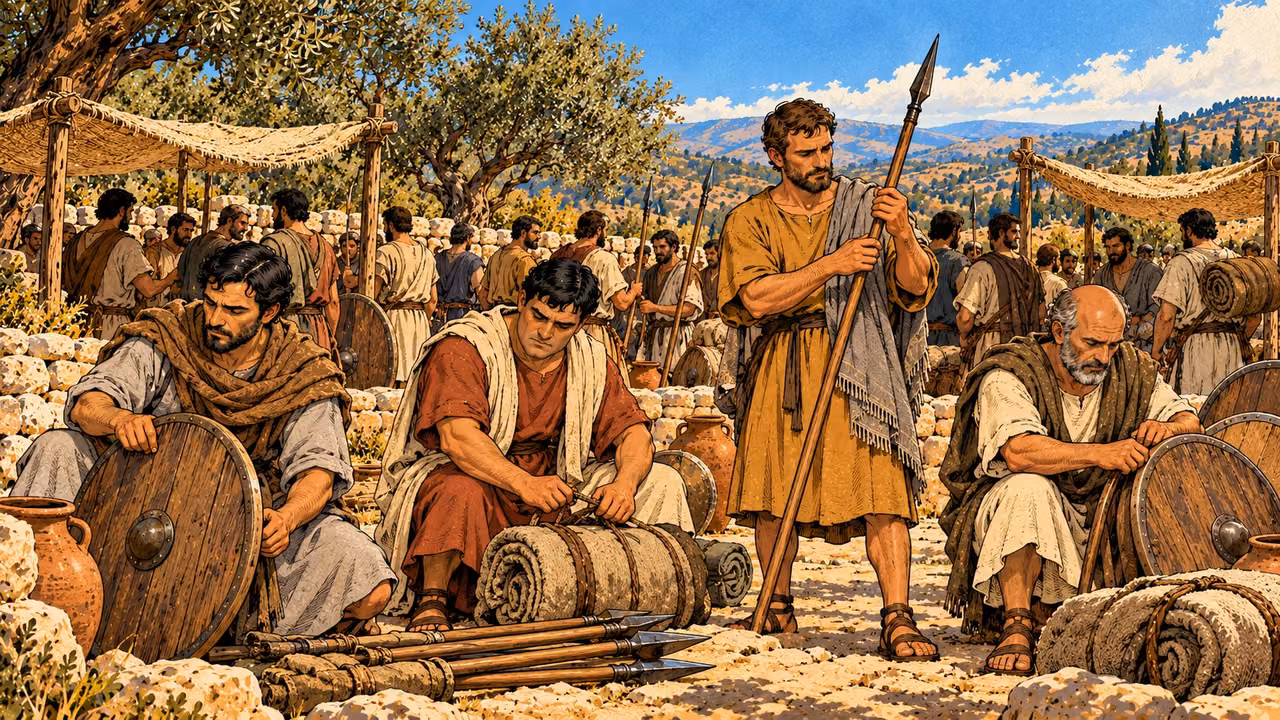Volunteers arrange shields, inspect spear shafts and tie bedding packs.