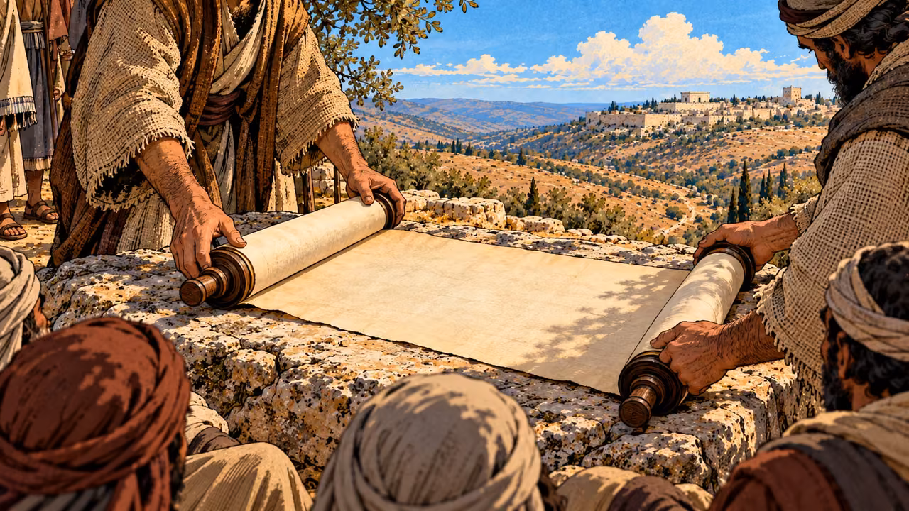 Ordinary hands open a law scroll across a low stone.