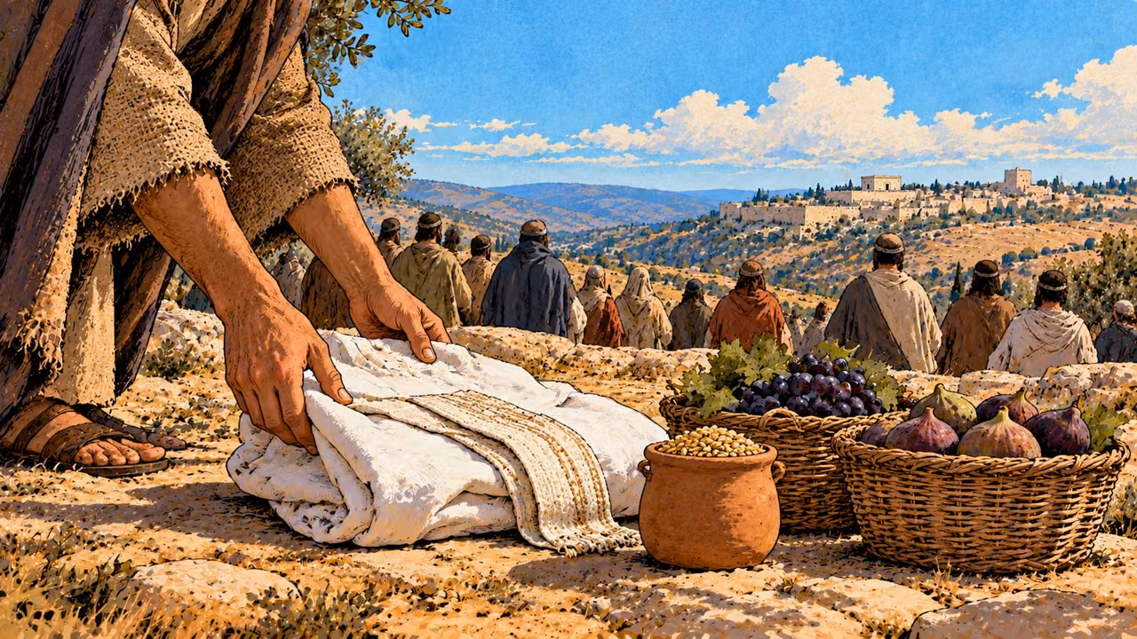 Plain linen garments and baskets of produce rest before the assembly.
