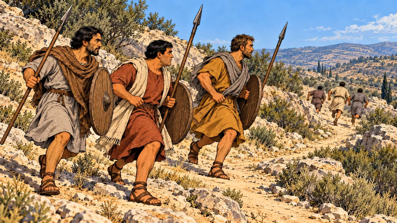 Ordinary armed Judean volunteers pursue distant opponents.