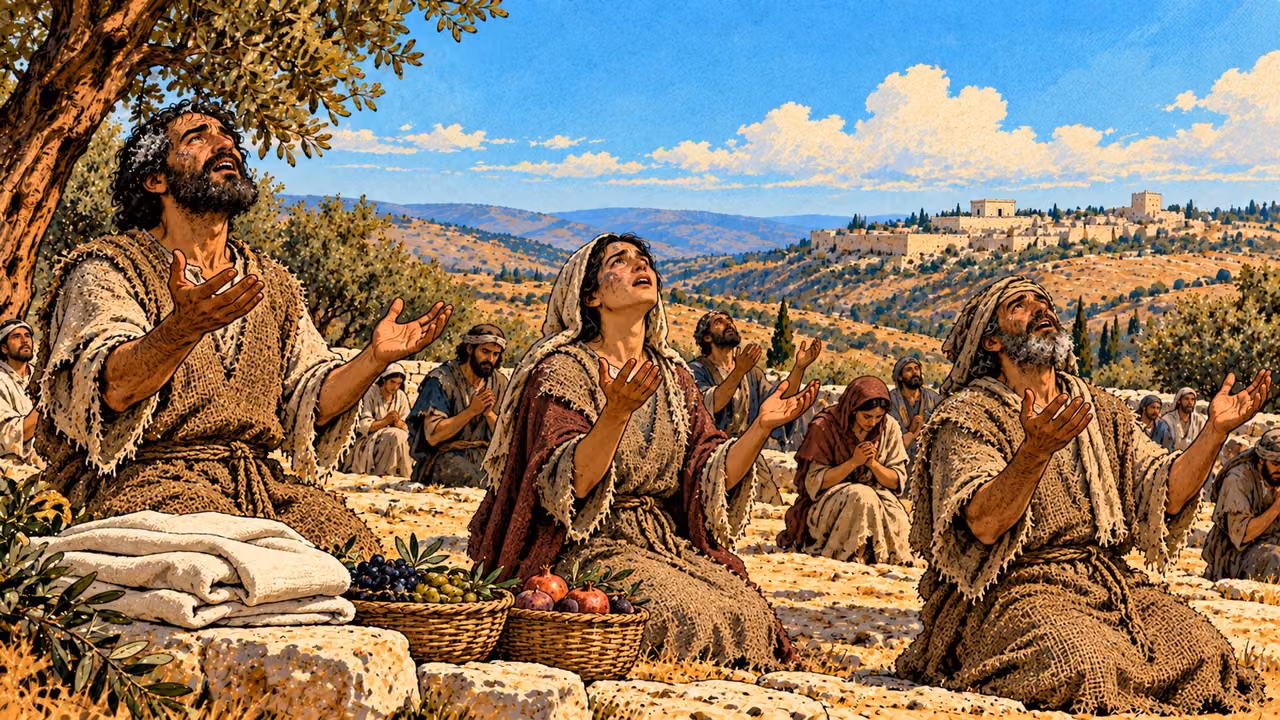 Adults raise empty hands beside the garments and produce.