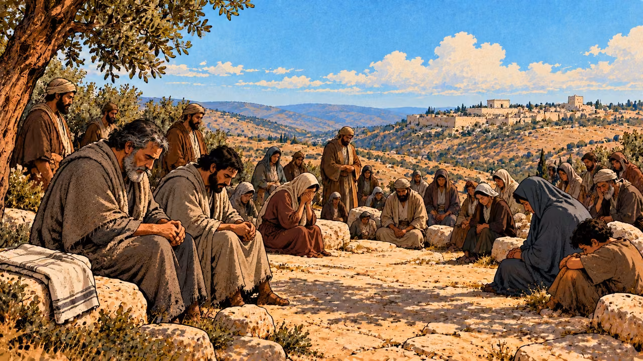 Two ordinary priests sit bowed in coarse mourning clothes.