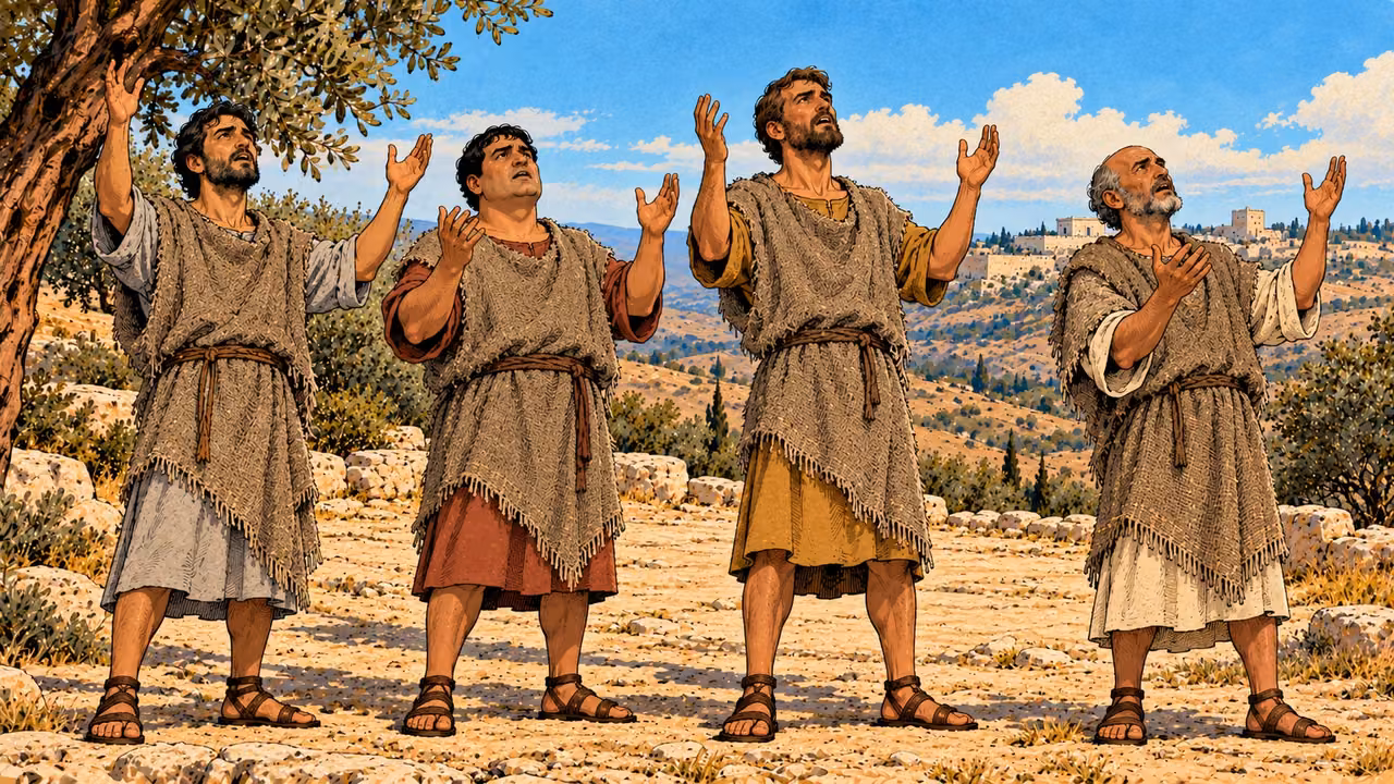 The four volunteers pray in coarse sackcloth at Mizpah.