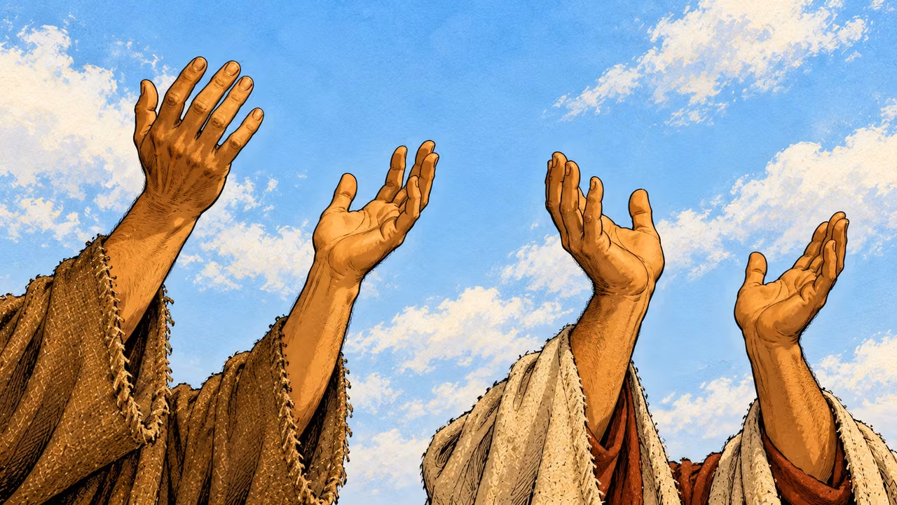 Adult hands in coarse sleeves rise toward an ordinary sky.