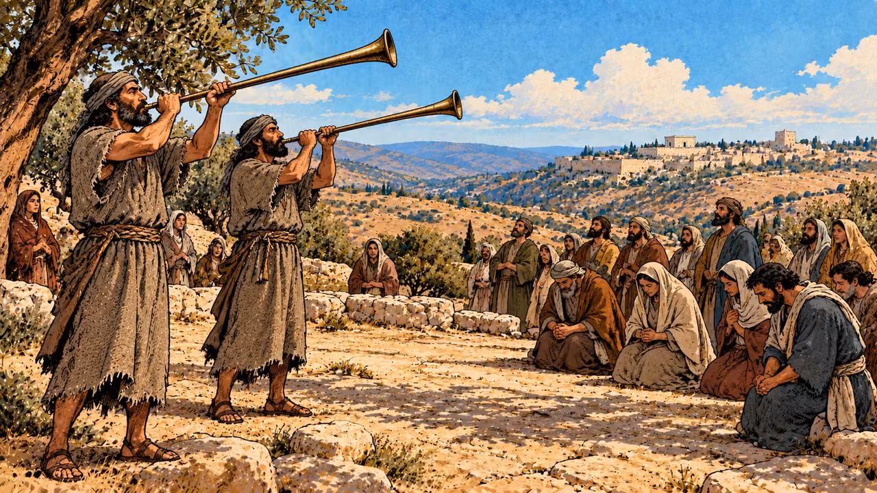 Two adults blow simple straight metal trumpets at Mizpah.