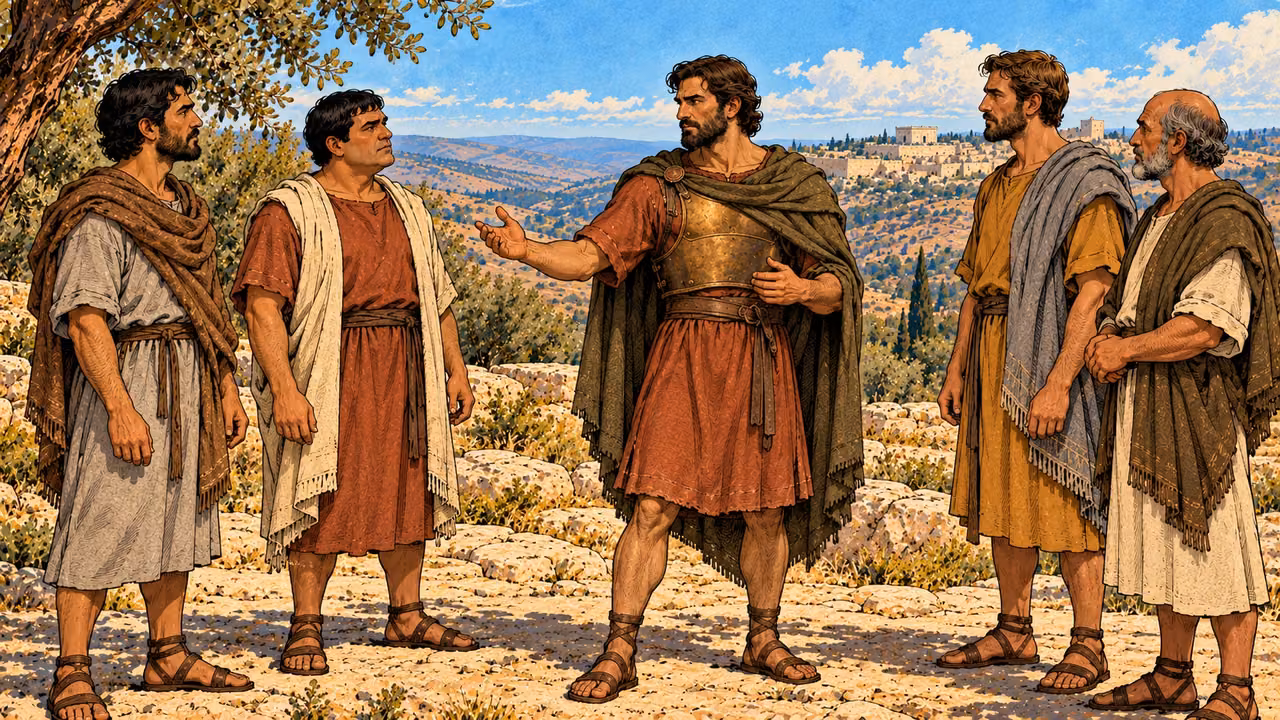 Judas in campaign clothing addresses four representative leaders.