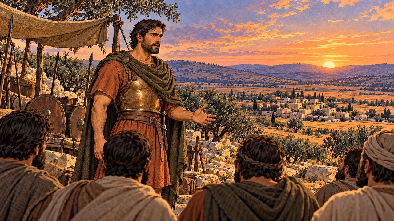 Judas speaks to listeners in the small camp at dusk.