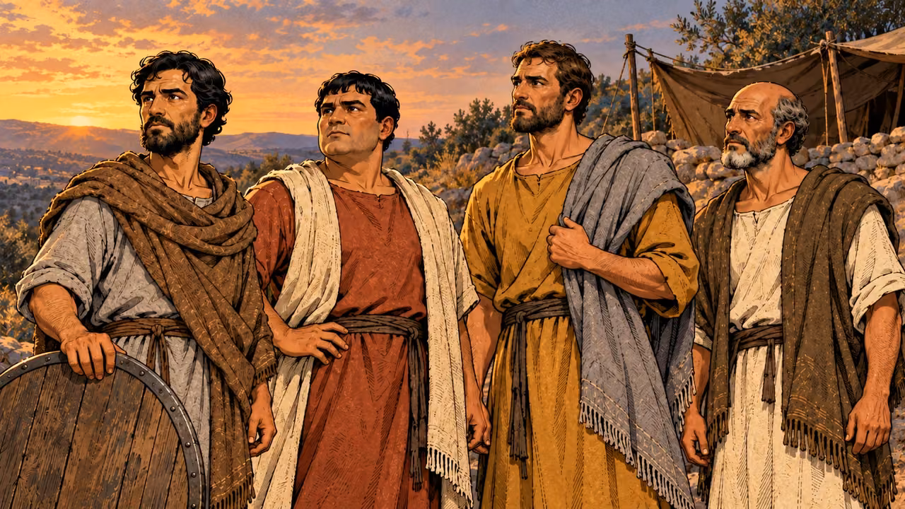 The four companions listen gravely in the evening camp.