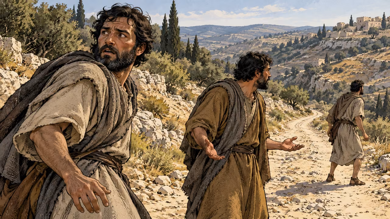 Three ordinary men hesitate and turn in confusion on a track.